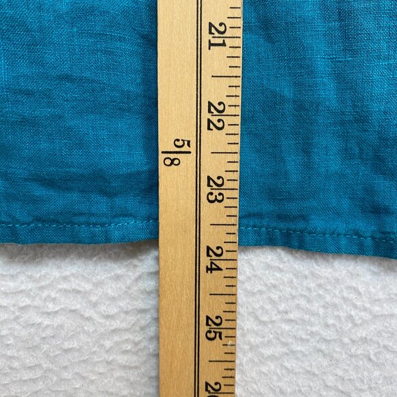 Tahari Top Womens M Teal Blue Short Sleeve Boxy Linen V Slit Neckline - Picture 10 of 11